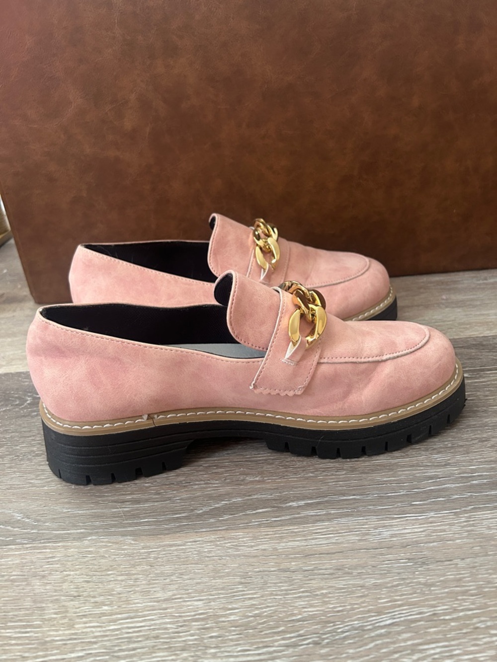 Women's Pink Suede Loafers with Gold Chain Accent - Size 8